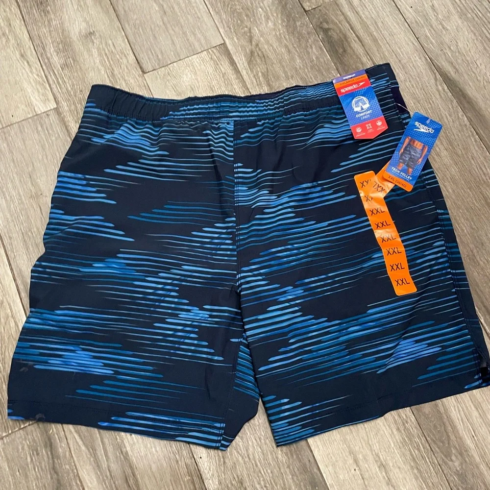 Speedo TechVolley Navy Blue Streaked Swim Trunks  Way Stretch UPF 50+ NEW XXL